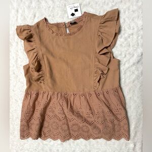 NWT- COZY CO. By Cozy Casual Ruffled Eyelet Camel Brown Top